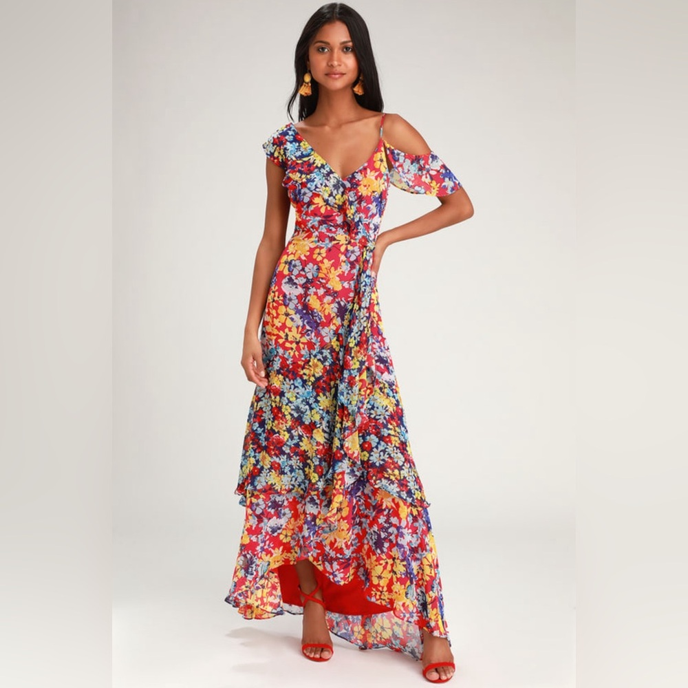 Radiant Ruby Red Floral Print Chiffon Maxi Dress
